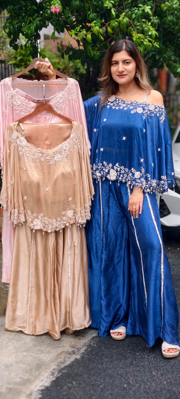 Premium Floral Hand Embroidery Crystal Tassel Accent One-Side Off Soulder Flowy Cape With Buster & Palazzo Bottom- 15976