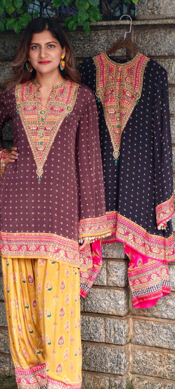 Rajasthani Touch Multicolor Prints Sequin Detailing Short Length Kurta With Farshi Salwar Set- 15685