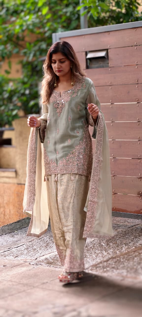Real Mirror Fine Shimmer Intricate Embroidery Latkan Accent Kurta With Farshi Salwar & Dupatta- 16020
