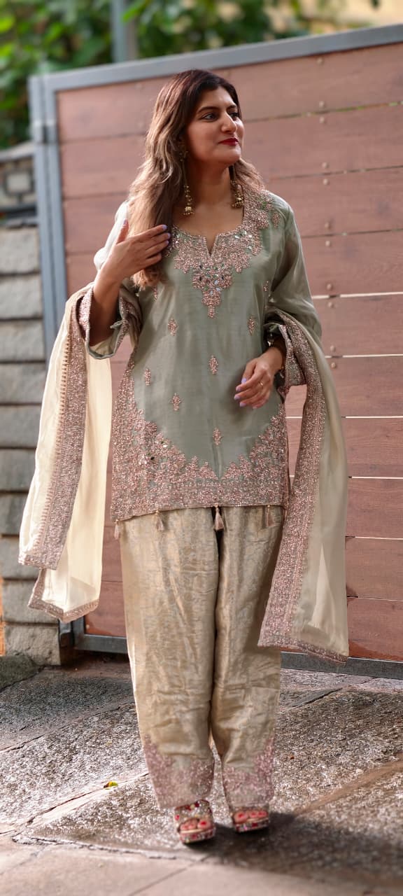 Real Mirror Fine Shimmer Intricate Embroidery Latkan Accent Kurta With Farshi Salwar & Dupatta- 16020