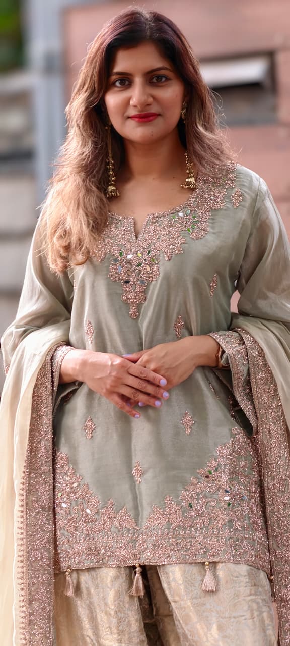 Real Mirror Fine Shimmer Intricate Embroidery Latkan Accent Kurta With Farshi Salwar & Dupatta- 16020