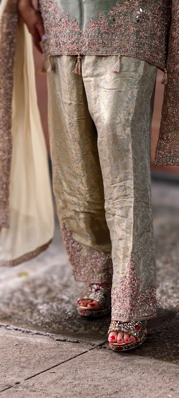 Real Mirror Fine Shimmer Intricate Embroidery Latkan Accent Kurta With Farshi Salwar & Dupatta- 16020