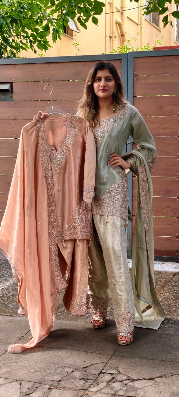 Real Mirror Fine Shimmer Intricate Embroidery Latkan Accent Kurta With Farshi Salwar & Dupatta- 16020
