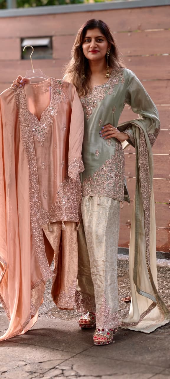 Real Mirror Fine Shimmer Intricate Embroidery Latkan Accent Kurta With Farshi Salwar & Dupatta- 16020