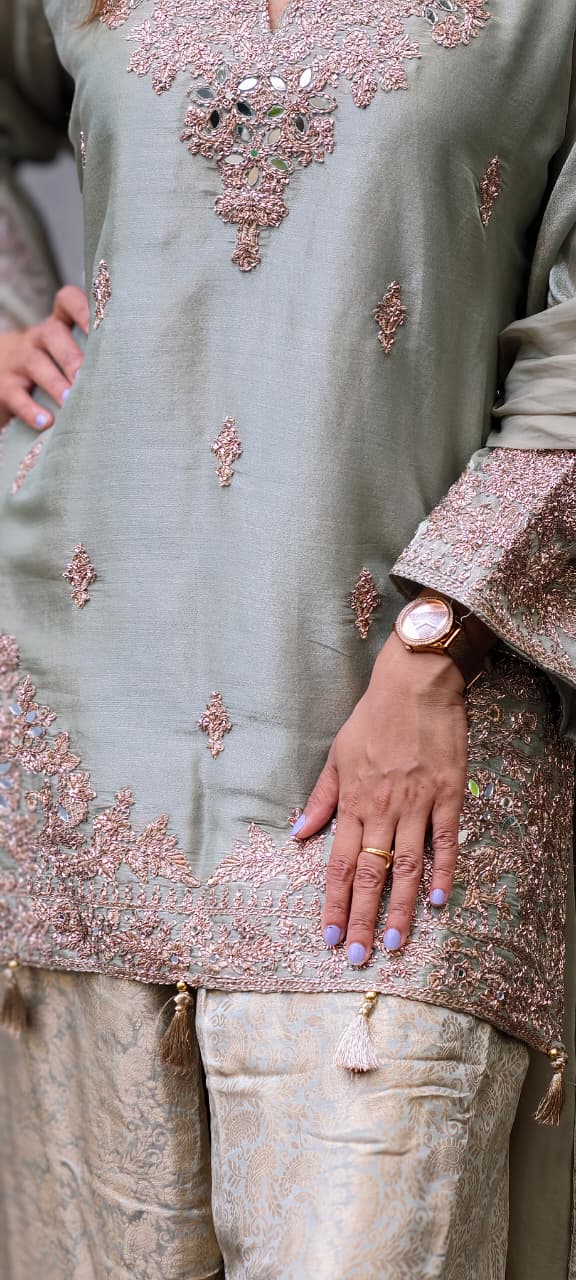 Real Mirror Fine Shimmer Intricate Embroidery Latkan Accent Kurta With Farshi Salwar & Dupatta- 16020