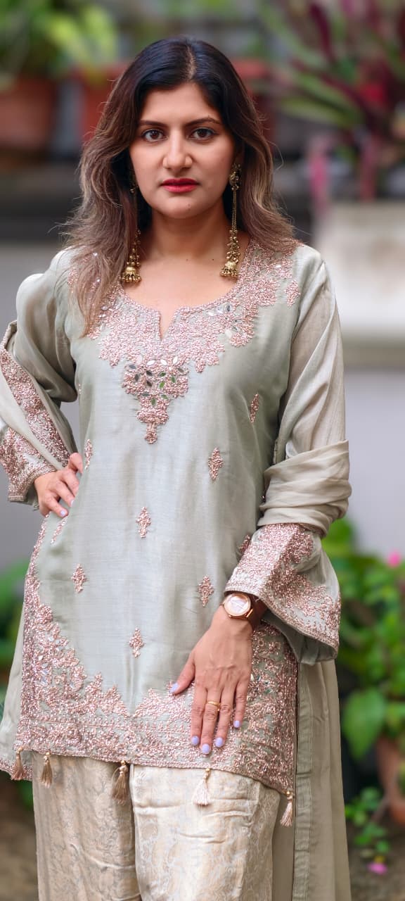 Real Mirror Fine Shimmer Intricate Embroidery Latkan Accent Kurta With Farshi Salwar & Dupatta- 16020