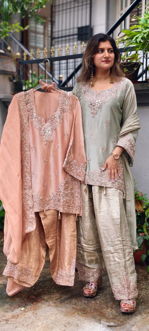 Real Mirror Fine Shimmer Intricate Embroidery Latkan Accent Kurta With Farshi Salwar & Dupatta- 16020
