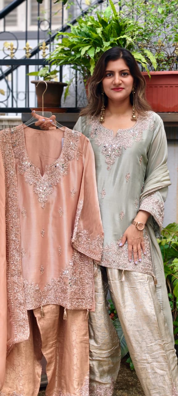 Real Mirror Fine Shimmer Intricate Embroidery Latkan Accent Kurta With Farshi Salwar & Dupatta- 16020