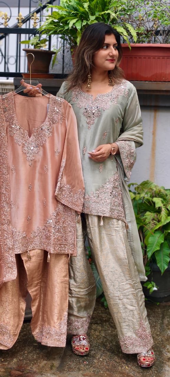 Real Mirror Fine Shimmer Intricate Embroidery Latkan Accent Kurta With Farshi Salwar & Dupatta- 16020