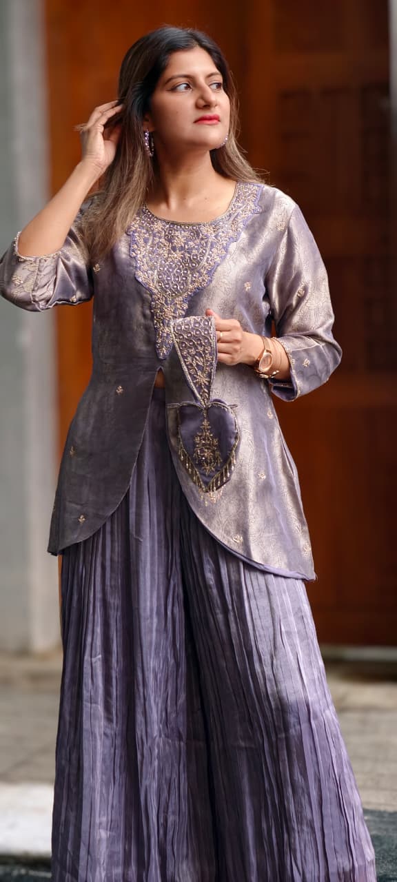 Premium Zardosi Dabka Golden Inticate Embroidered Yoke Front Slitted Kurta With Crush Palazzo Bottom & Love Shaped Tassel Potli- 15338