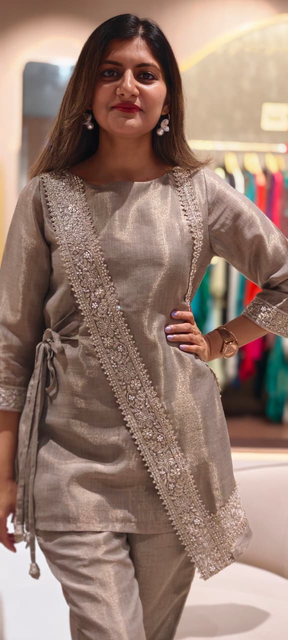 Ivory Over Lay Look Side Knotted Shimmer Embroidered Outline Premium Tissue Co-Ord Set- 15774