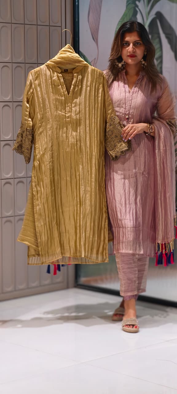 Premium Crush Tissue Embroideries Over Sleeve & Latkan Accent Straight Full Suit Set With Dupatta- 15707