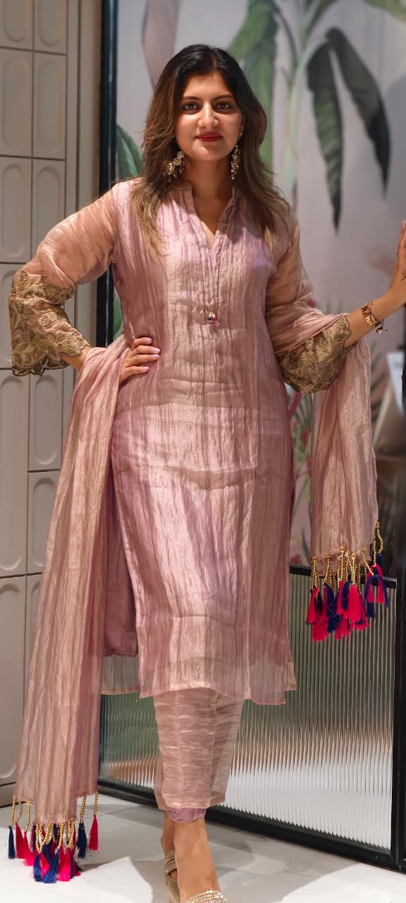 Premium Crush Tissue Embroideries Over Sleeve & Latkan Accent Straight Full Suit Set With Dupatta- 15707