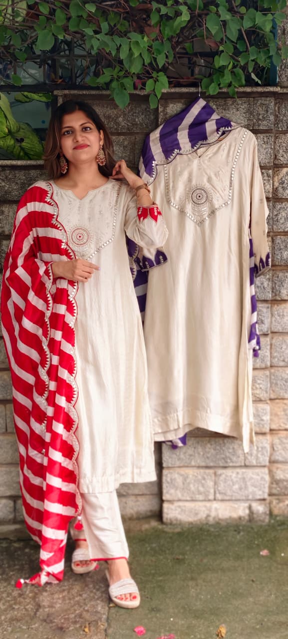 Creamish White Zardosi Ivory Embroidered Yoke With Vobrant Contrasted Twin Color Russian Silk Full Suit Set With Striped Dupatta- 15984