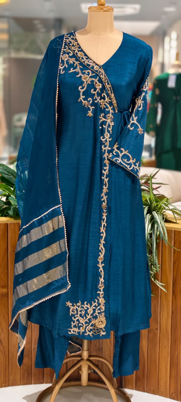 Royal Navy Blue Hand-Embroidered Branch Tail Angrakha Side Knotted Russian Silk A-Line Full Suit Set With Dupatta- 15990