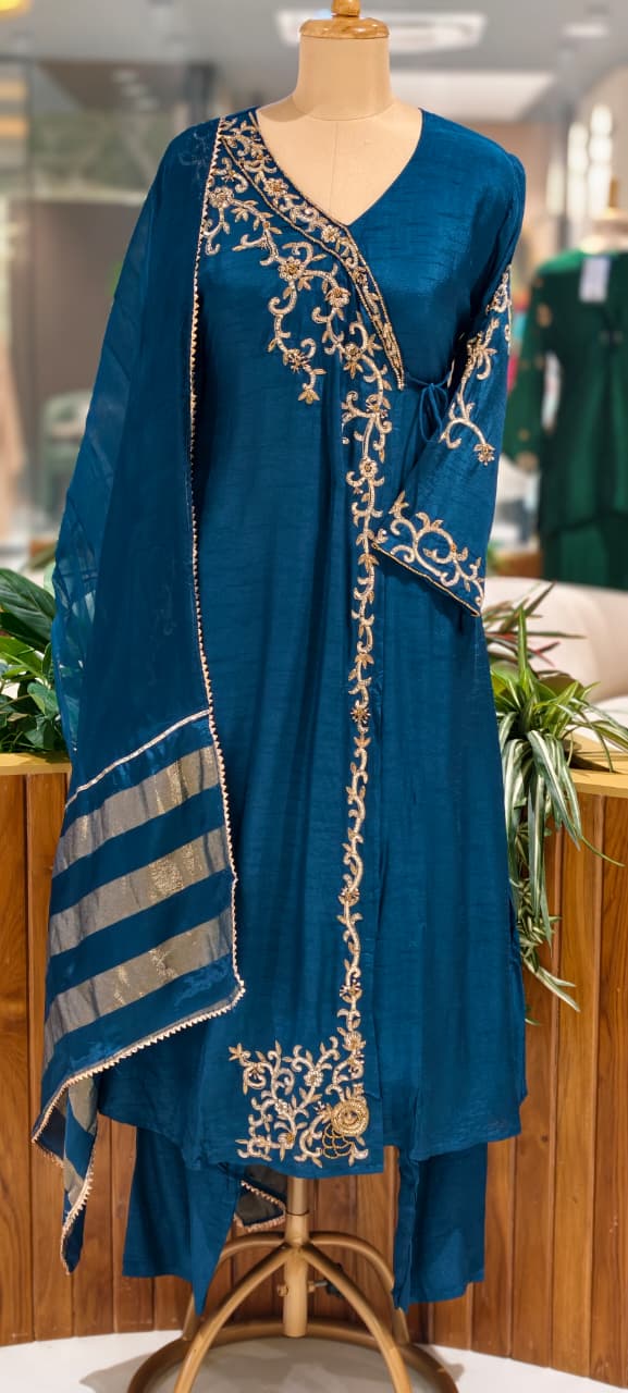 Royal Navy Blue Hand-Embroidered Branch Tail Angrakha Side Knotted Russian Silk A-Line Full Suit Set With Dupatta- 15990