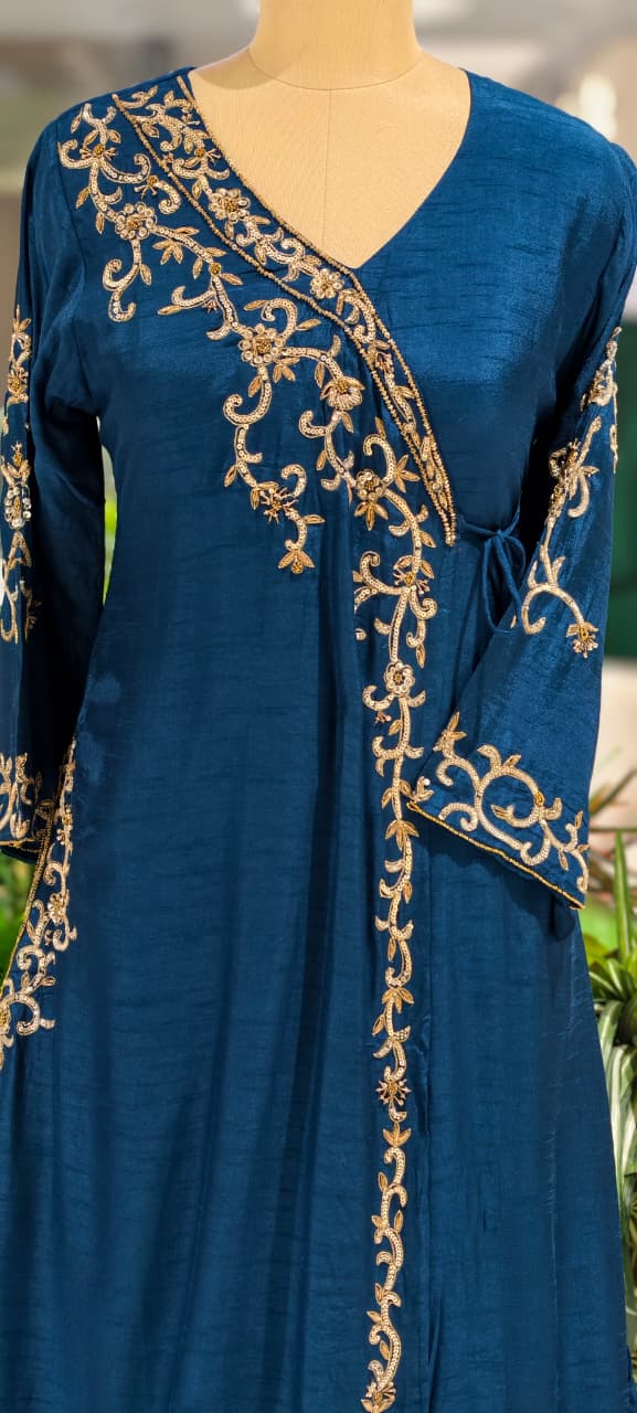 Royal Navy Blue Hand-Embroidered Branch Tail Angrakha Side Knotted Russian Silk A-Line Full Suit Set With Dupatta- 15990