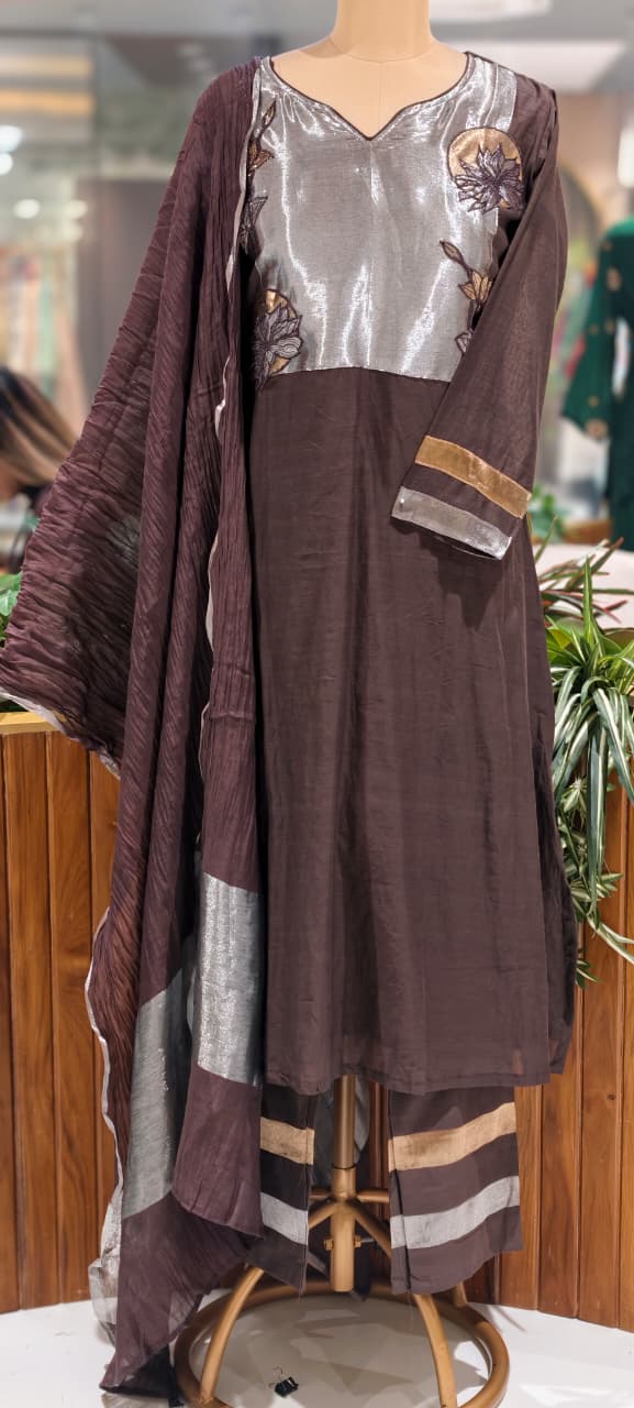 Metallic Floral Applique Yoke Coffee Pallete Banarasi Mul-Chanderi A-Line Full Suit Set With Dupatta- 15988
