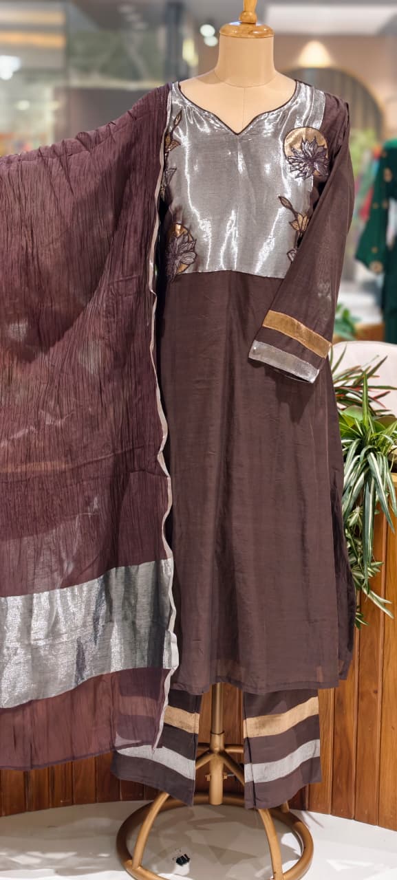 Metallic Floral Applique Yoke Coffee Pallete Banarasi Mul-Chanderi A-Line Full Suit Set With Dupatta- 15988