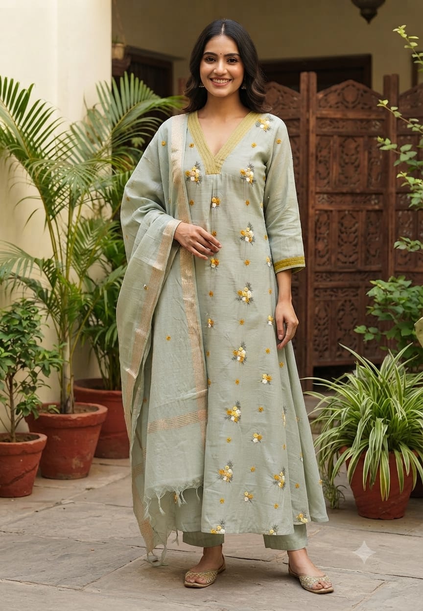 Cute Spring Florals Fine Embroidery Neck & Sleeve Borders Mul-Chanderi A-Line Full Suit Set With Dupatta- 15996
