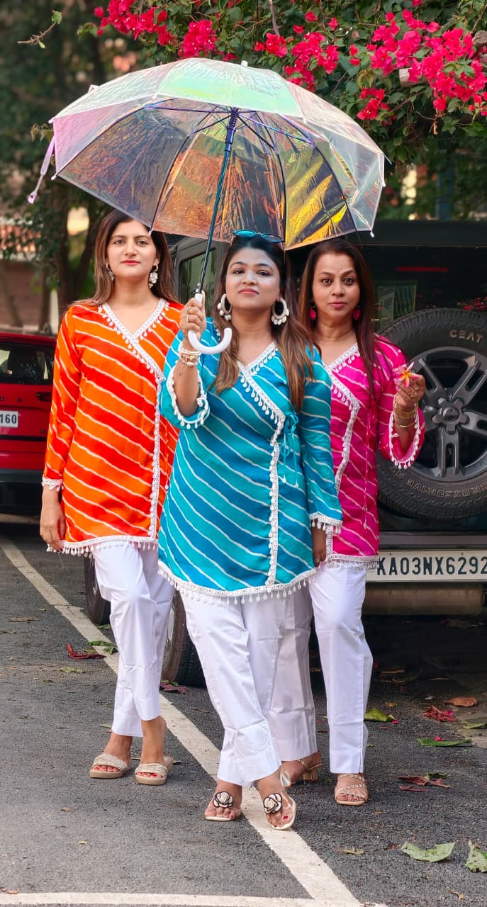 Leheriya Angrakha Wrap Kurti Only With White Kodi Shell Latkans- 15932