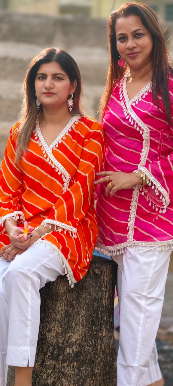 Leheriya Angrakha Wrap Kurti Only With White Kodi Shell Latkans- 15932