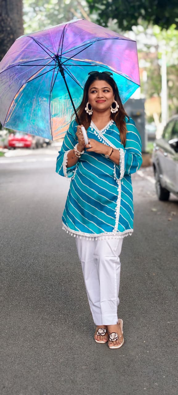 Leheriya Angrakha Wrap Kurti Only With White Kodi Shell Latkans- 15932
