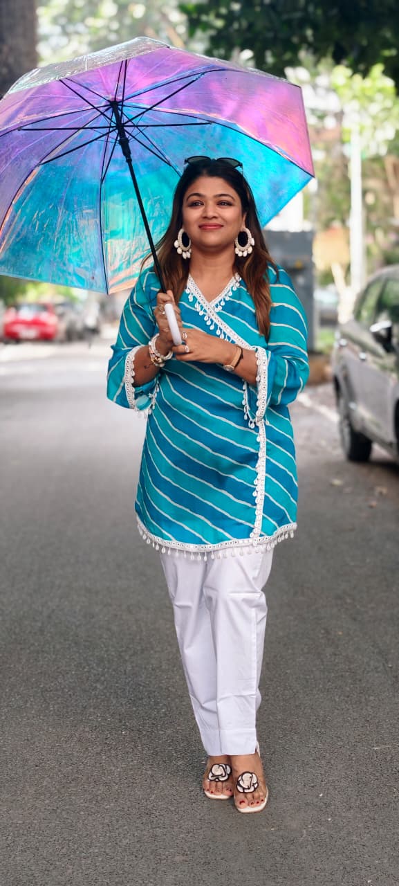 Leheriya Angrakha Wrap Kurti Only With White Kodi Shell Latkans- 15932