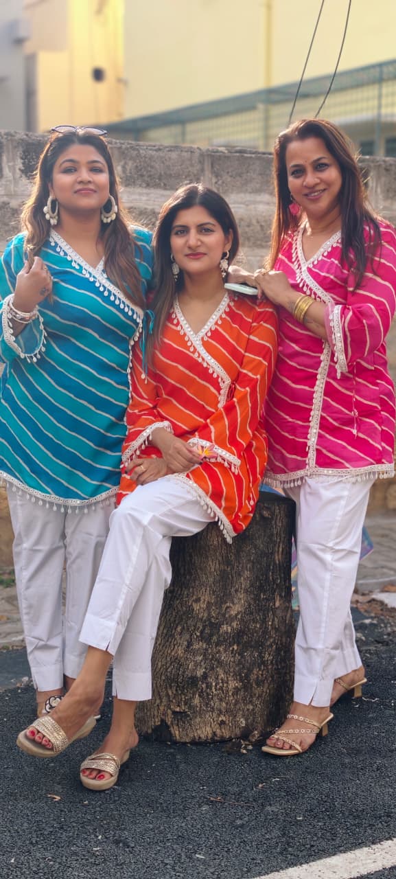 Leheriya Angrakha Wrap Kurti Only With White Kodi Shell Latkans- 15932