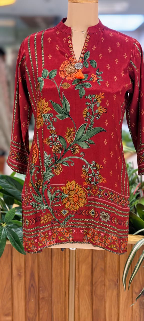 Rust-Red Kalamkari Floral Vine Bel Print Muslin Kurti Only- 16031