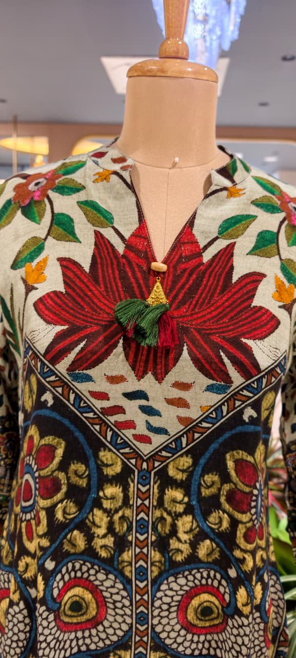 Madhubani-Inspired Folk Art Multicolor Print Muslin Kurti Only- 16033