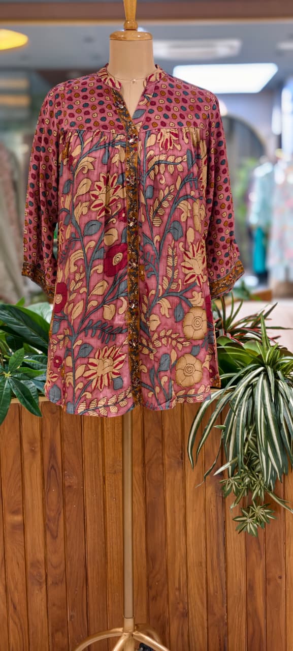 Kalamkari Tree-Of-Life Block-Printed Floral Motif Dusty Shade Muslin Kurti Only- 16023