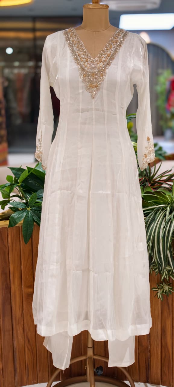 Ivory White Handcrafted Embroidered Neckline Golden Highlights Chinon Panel Anarkali Full Suit Set With Dupatta- 15884