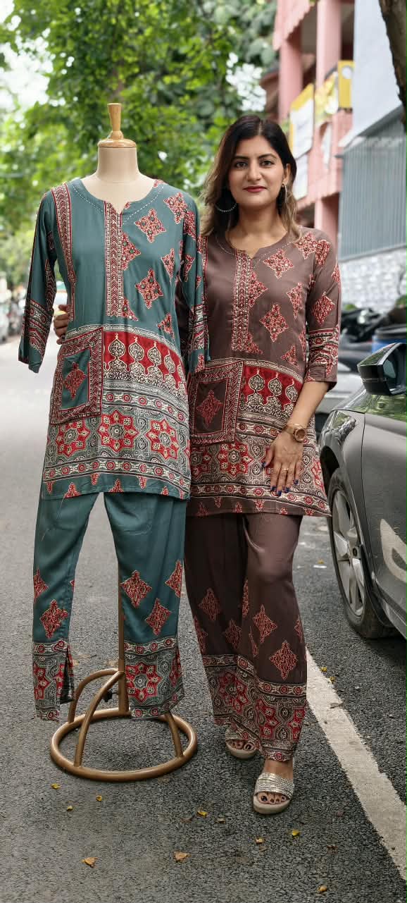 Rich Kalamkari With Assymmetrical Prints Multi Shades Slub Cotton Co-Ord Set- 15808