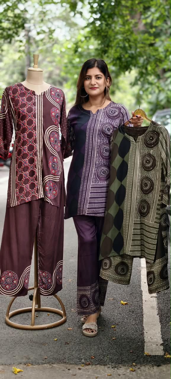 Stylish Slub Cotton Co-Ord Set With Minimal Ethnic Assymmetric Prints- 15955