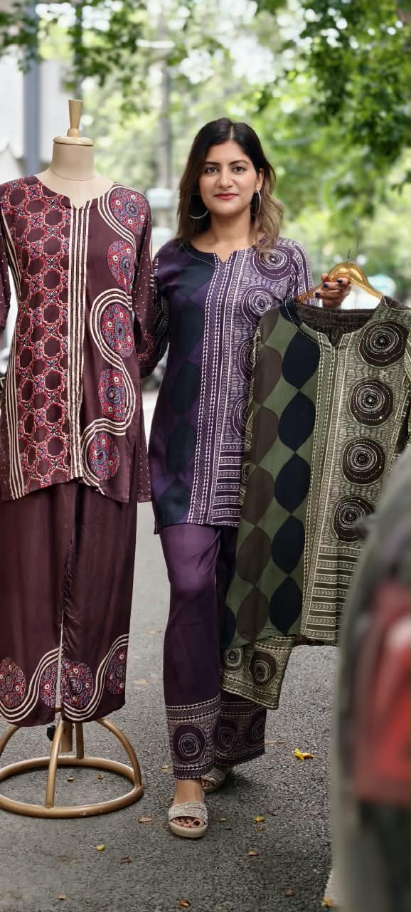 Stylish Slub Cotton Co-Ord Set With Minimal Ethnic Assymmetric Prints- 15955