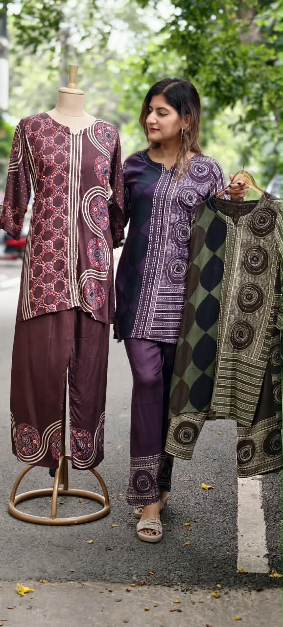 Stylish Slub Cotton Co-Ord Set With Minimal Ethnic Assymmetric Prints- 15955