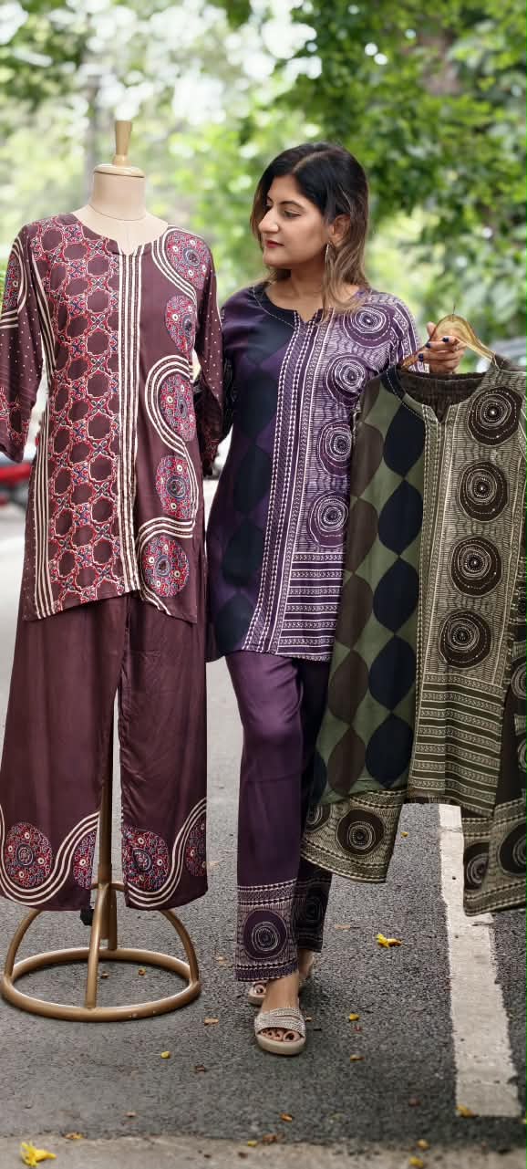 Stylish Slub Cotton Co-Ord Set With Minimal Ethnic Assymmetric Prints- 15955