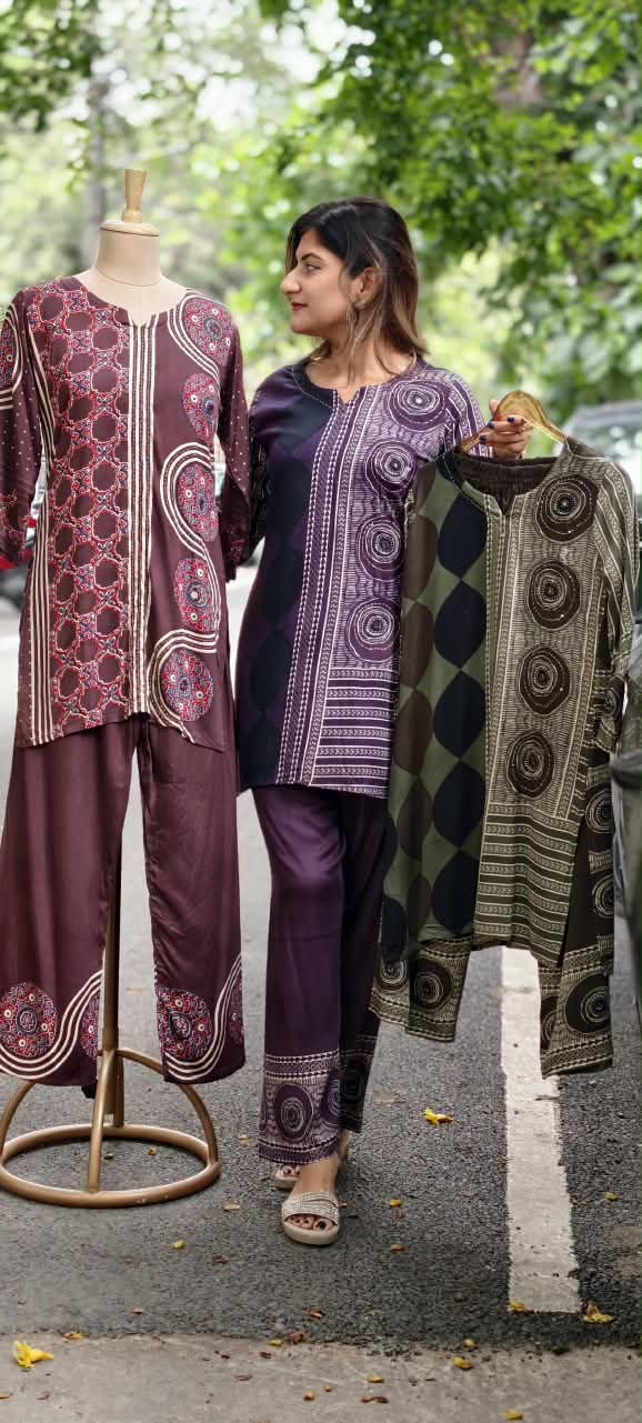 Stylish Slub Cotton Co-Ord Set With Minimal Ethnic Assymmetric Prints- 15955