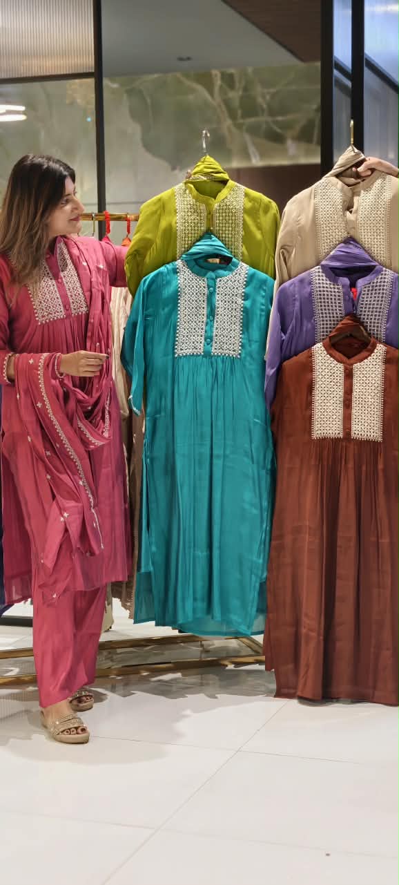 Premium Surat Mul-Chanderi Embroidered Yoke A-Line Full Suit Set with Dupatta- 15925