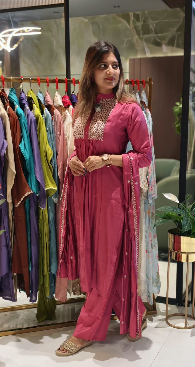 Premium Surat Mul-Chanderi Embroidered Yoke A-Line Full Suit Set with Dupatta- 15925