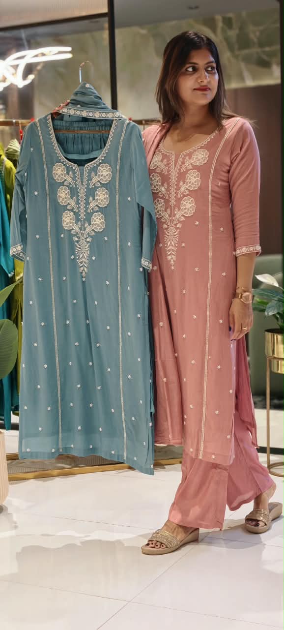 Elegant Cut-Dana With Pearl White Embroidered Pastel Shade Full Suit Set With Dupatta- 15911