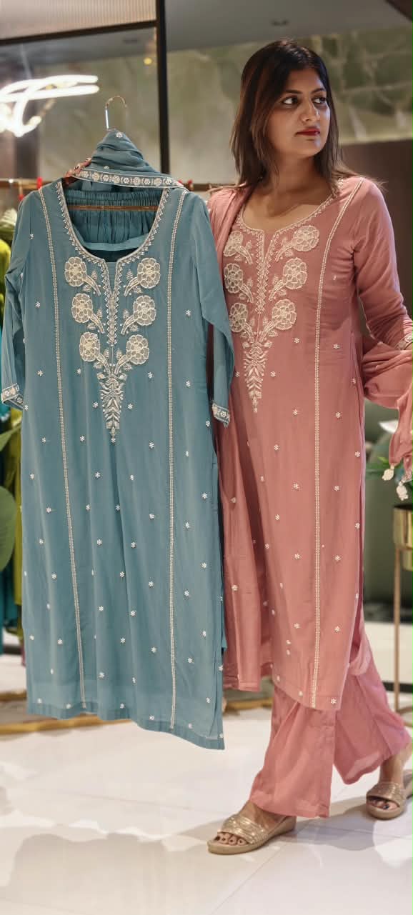 Elegant Cut-Dana With Pearl White Embroidered Pastel Shade Full Suit Set With Dupatta- 15911