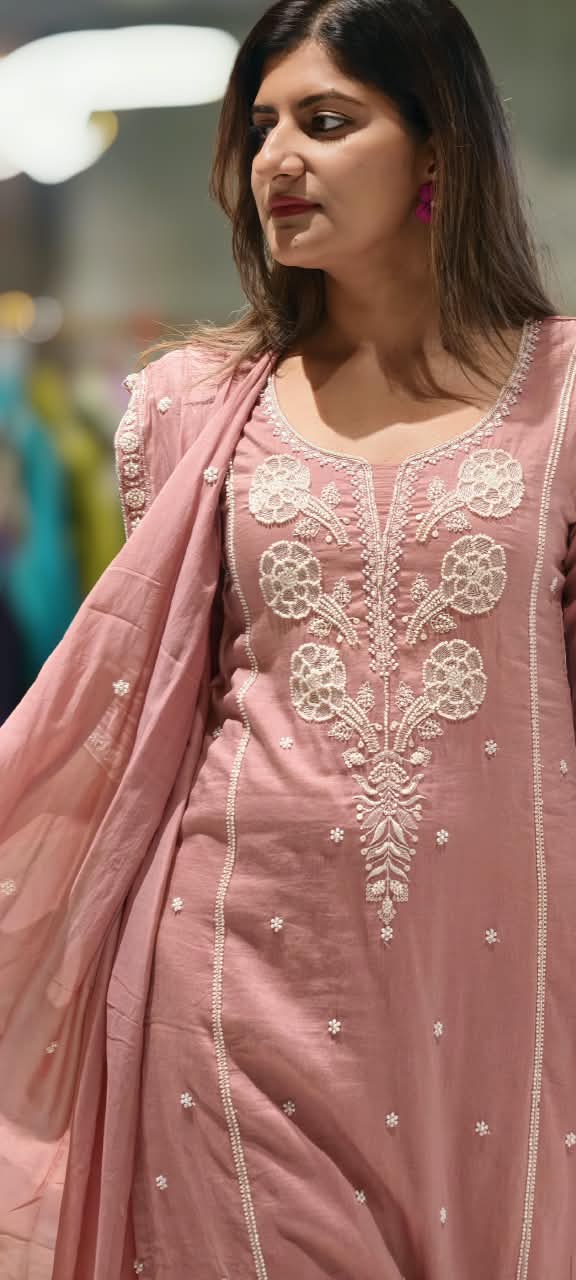 Elegant Cut-Dana With Pearl White Embroidered Pastel Shade Full Suit Set With Dupatta- 15911