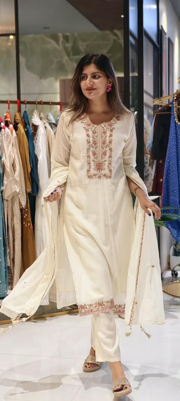 Ivory White Fine Intricate Embroidered Yoke Elegant Straight Full Suit Set With Dupatta- 15881