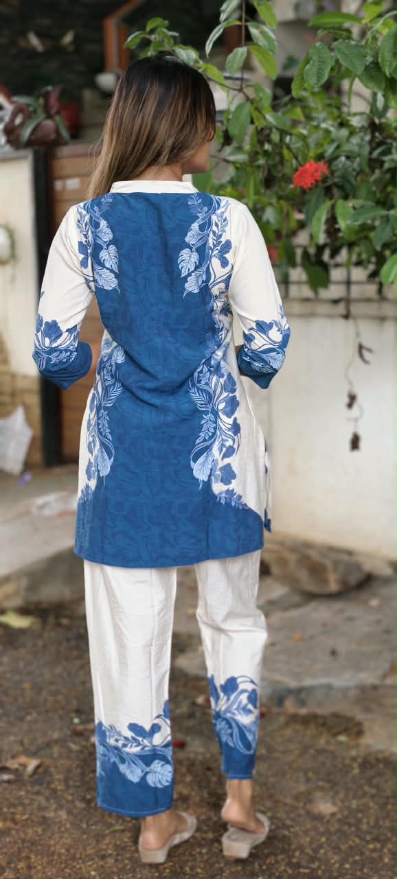 Vibrant Blue With Graceful White Digital Prints Viscose Co-Ord Set- 16001 (Lean Fit)