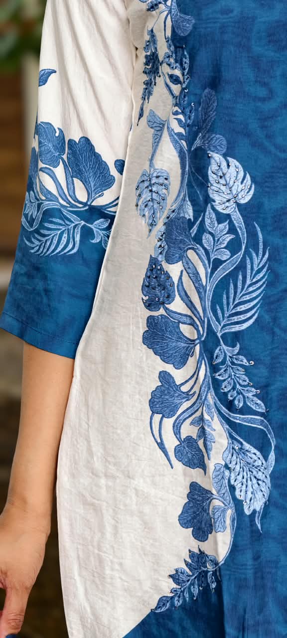 Vibrant Blue With Graceful White Digital Prints Viscose Co-Ord Set- 16001 (Lean Fit)