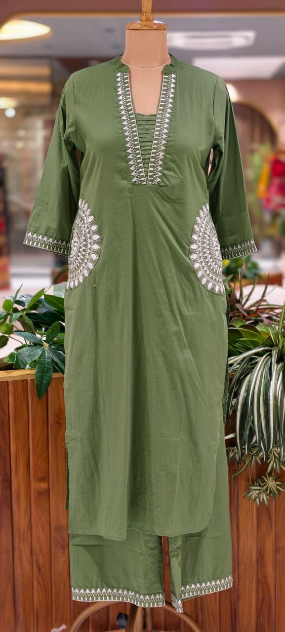 Pure Cotton Traditional Embroidered Straight Full Suit Set with Matching Dupatta-15876