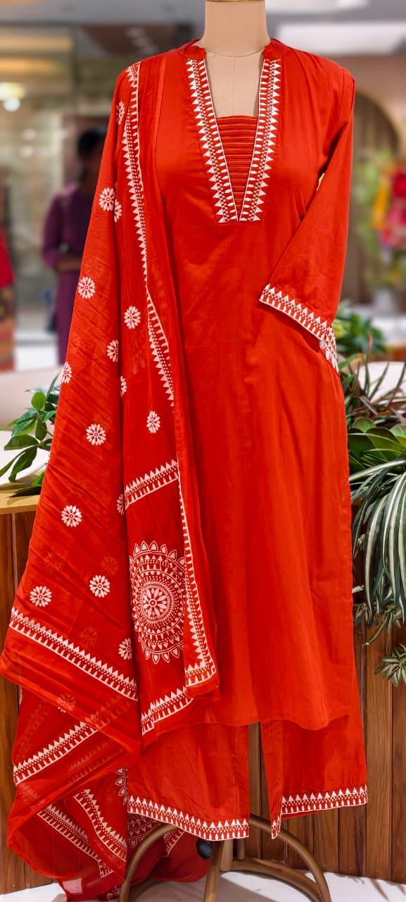 Pure Cotton Traditional Embroidered Straight Full Suit Set with Matching Dupatta-15876