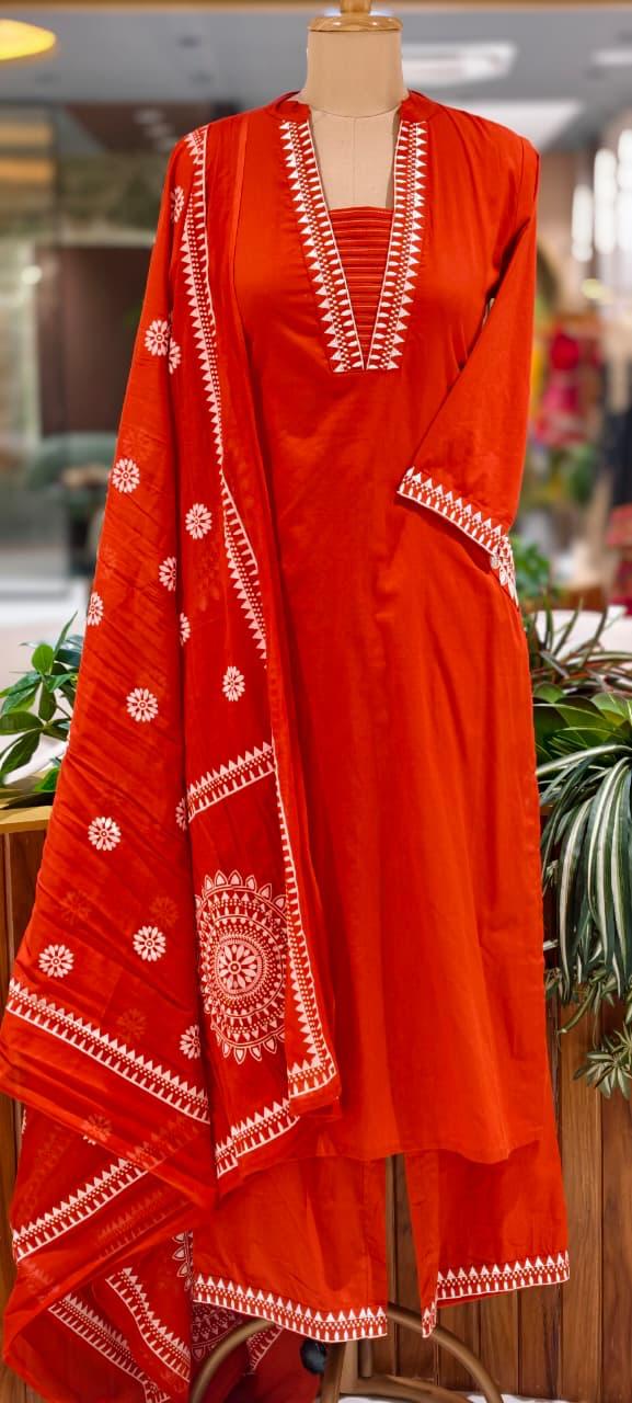 Pure Cotton Traditional Embroidered Straight Full Suit Set with Matching Dupatta-15876
